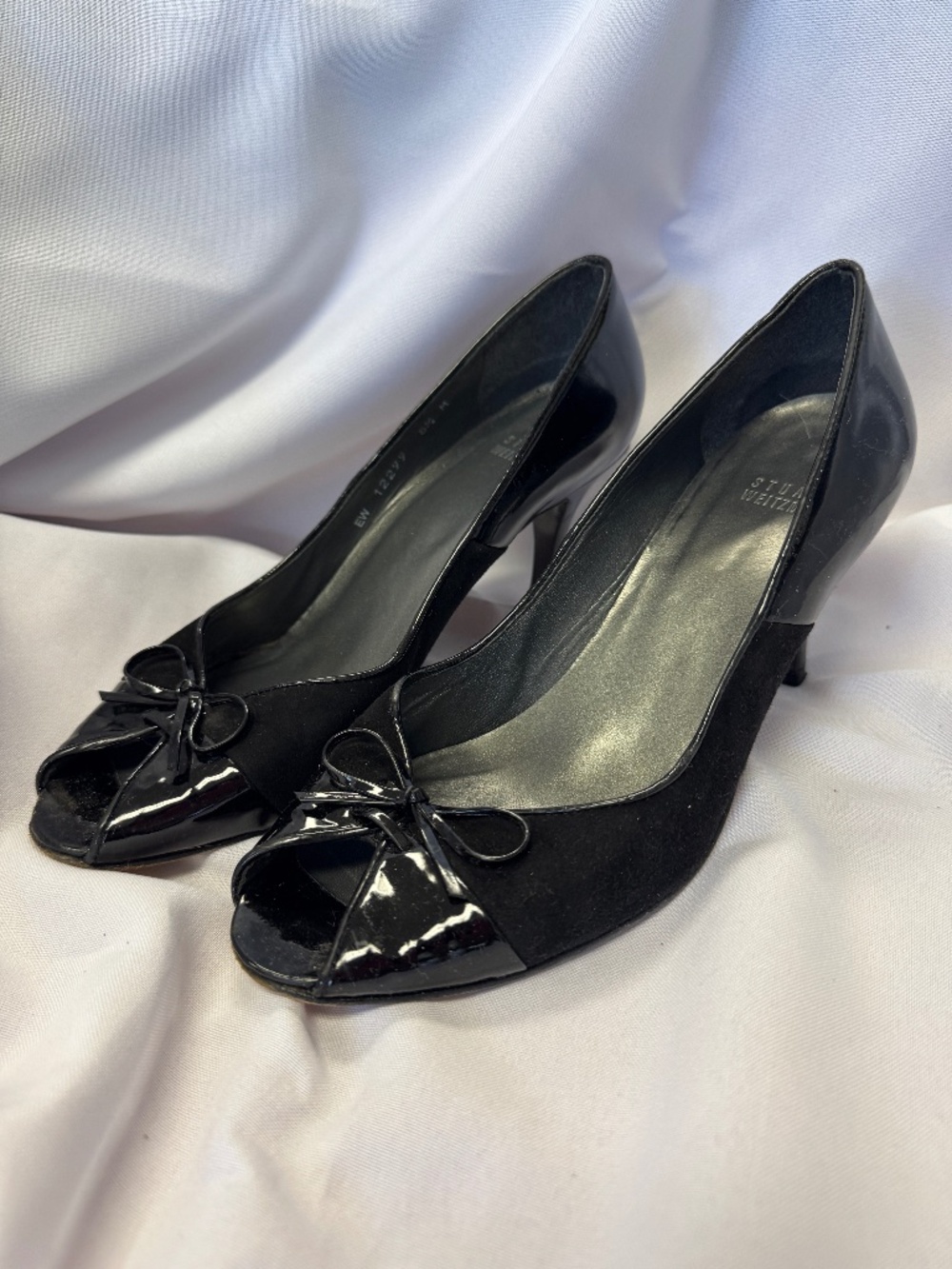 Stuart Weitzman Black Patent Suede Peep Toe Heels Size 8.5